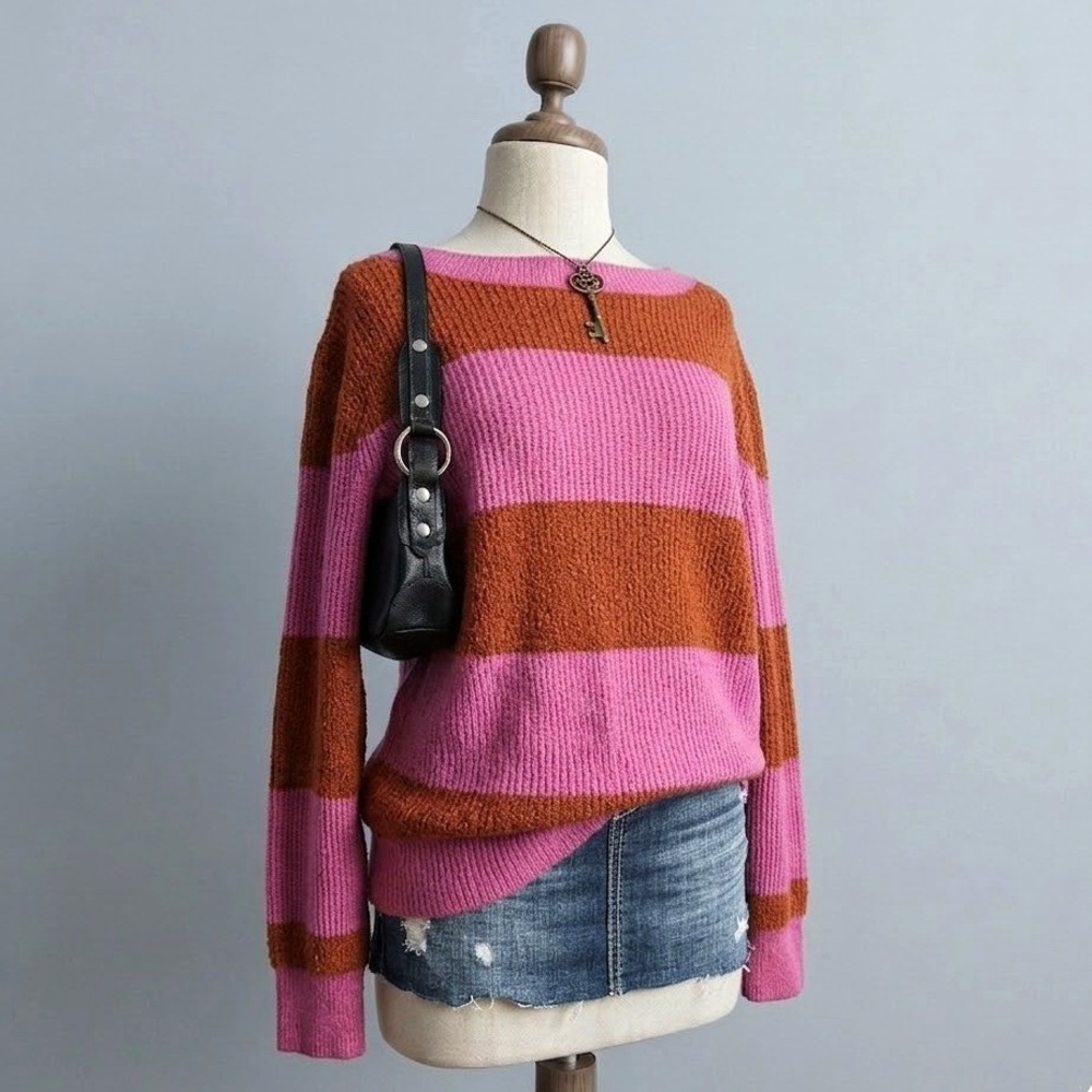 Stripe Sweater Blouse LARGE Loose American Eagle Pink Cottagecore Fall